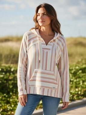 Roxy Striped Hooded Pullover - Pink, Yellow & Cream